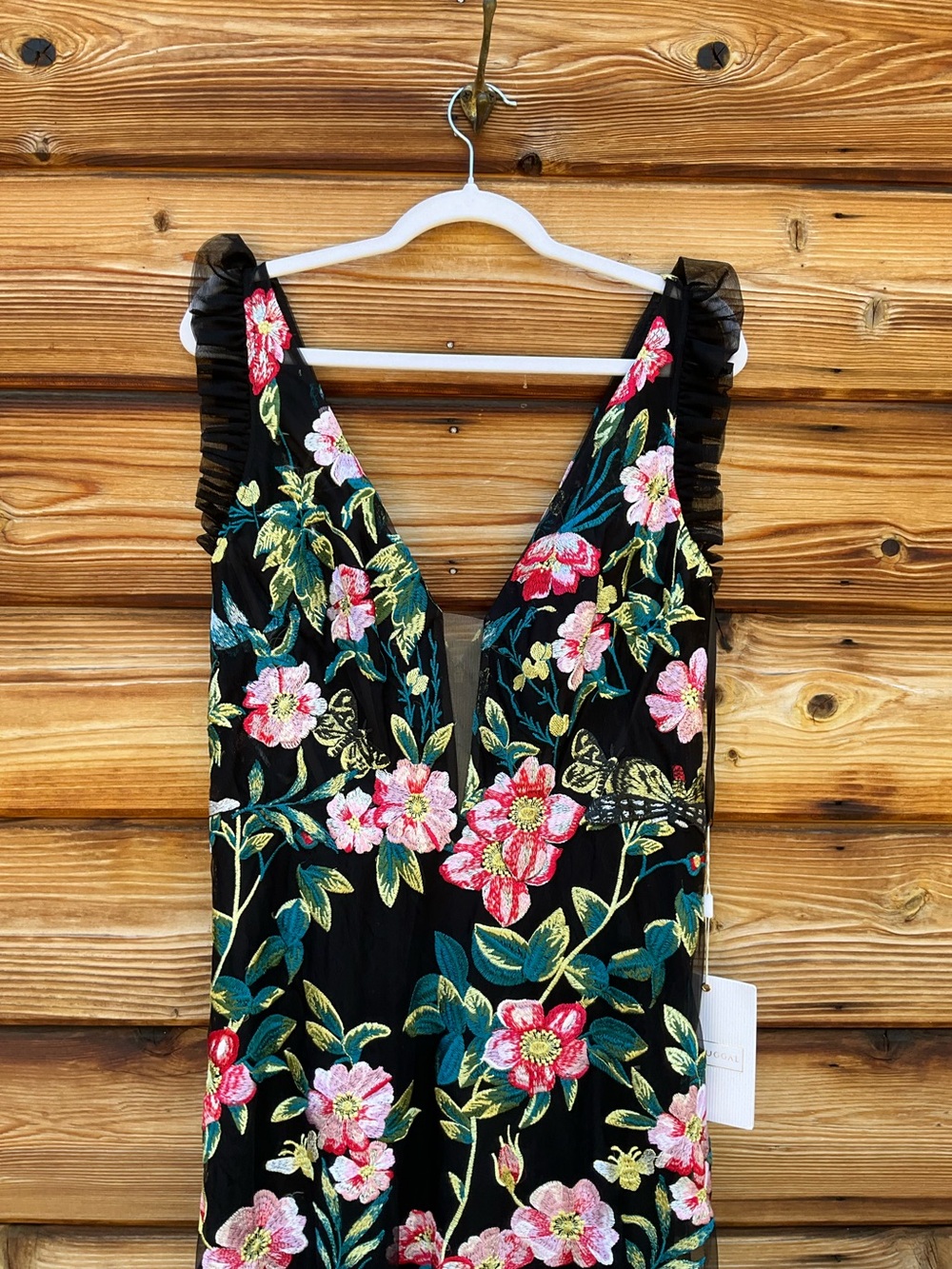 NWT Mac Duggal Embroidered Floral Plunge Neck Trumpet Gown Black Multi Size 10 - Picture 8 of 15
